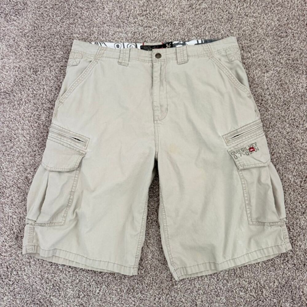 Khaki Cargo Shorts Men's 36 Quiksilver 100% Cotton Relaxed 12" Inseam